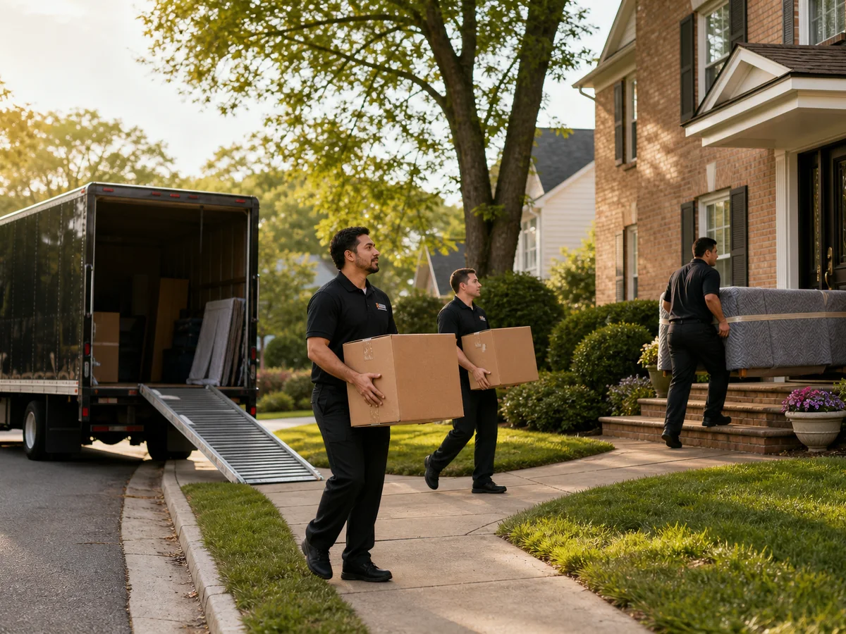 Call My Mover crew beside a black moving truck at a suburban home